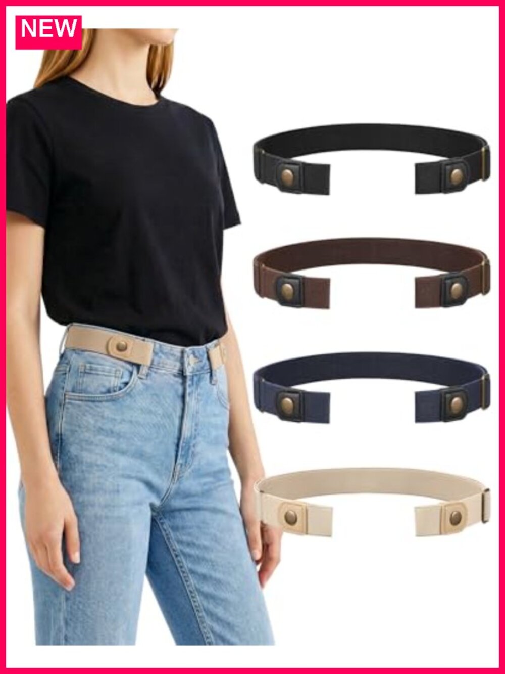 Pack of 4 Elastic Stretch Belts No Buckle Adjustable Snap Closure